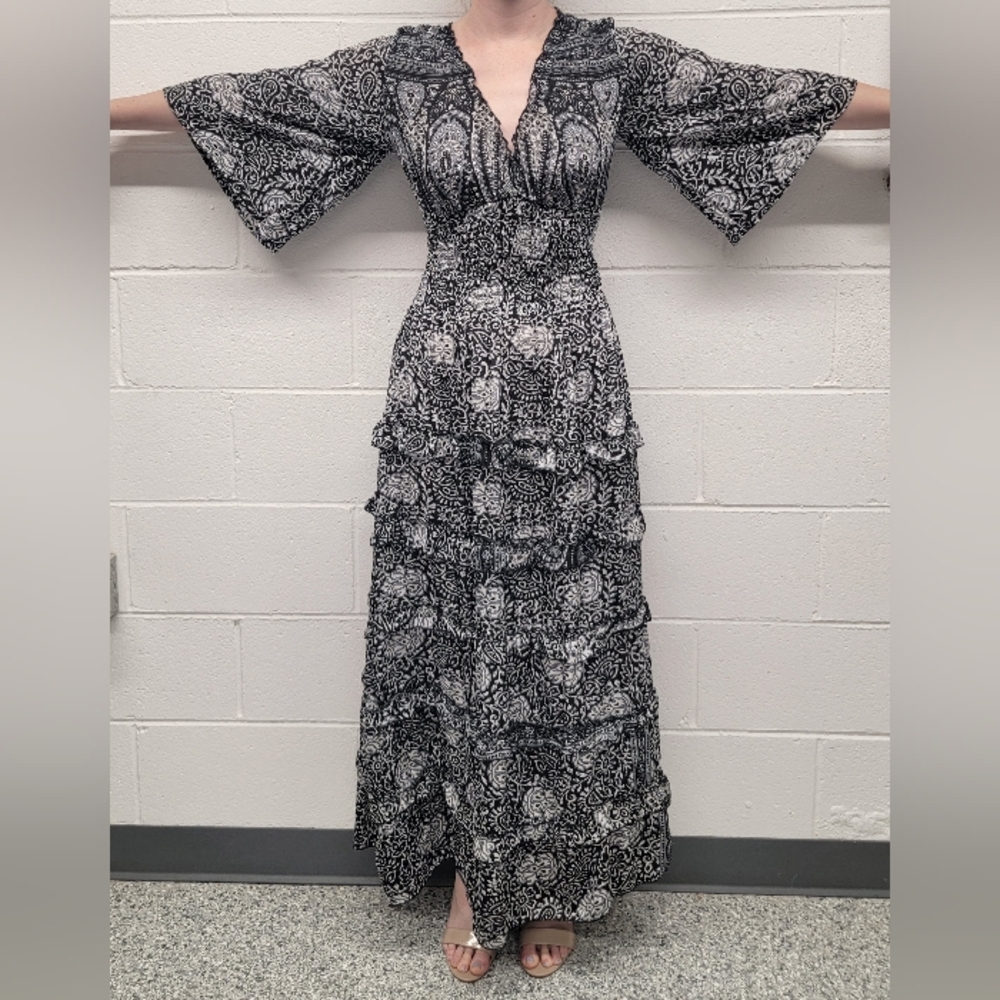 Sergio Mattera Black and White Silk Ruffled Floor Length Dress One Size Fits All